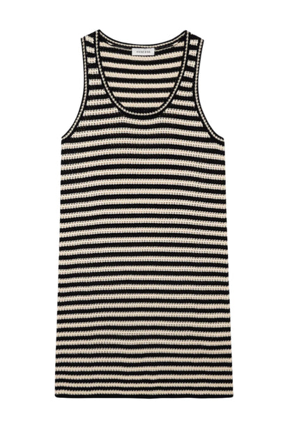 The Arie Dress by Anine Bing is a sleeveless knit tank dress with black and white horizontal stripes, shown laid flat on a white background.