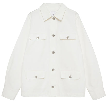 The Corey Jacket by Anine Bing is a white cotton canvas jacket featuring long sleeves, a collar, and four front flap pockets with button closures.
