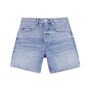 The Delaney Short by Anine Bing is a pair of light blue, high-rise relaxed denim shorts with front and back pockets, belt loops, and a button-zipper closure, shown on a white background.