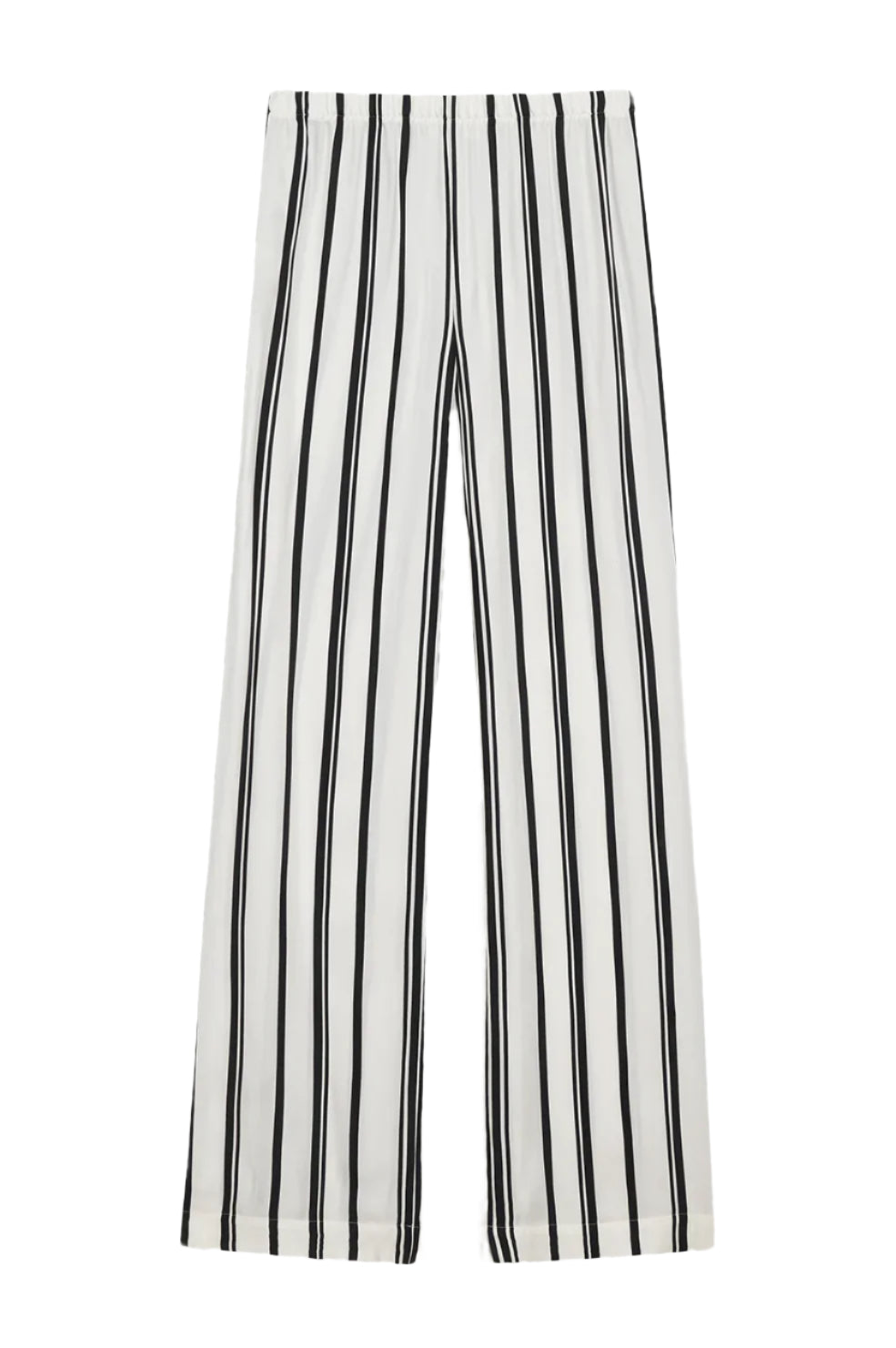 The Elain Pant Monogram by Anine Bing features a lightweight cupro blend in ivory and black stripes with a straight-leg cut, shown flat against a white background.