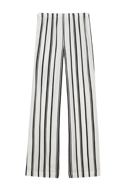 The Elain Pant Monogram by Anine Bing features a lightweight cupro blend in ivory and black stripes with a straight-leg cut, shown flat against a white background.