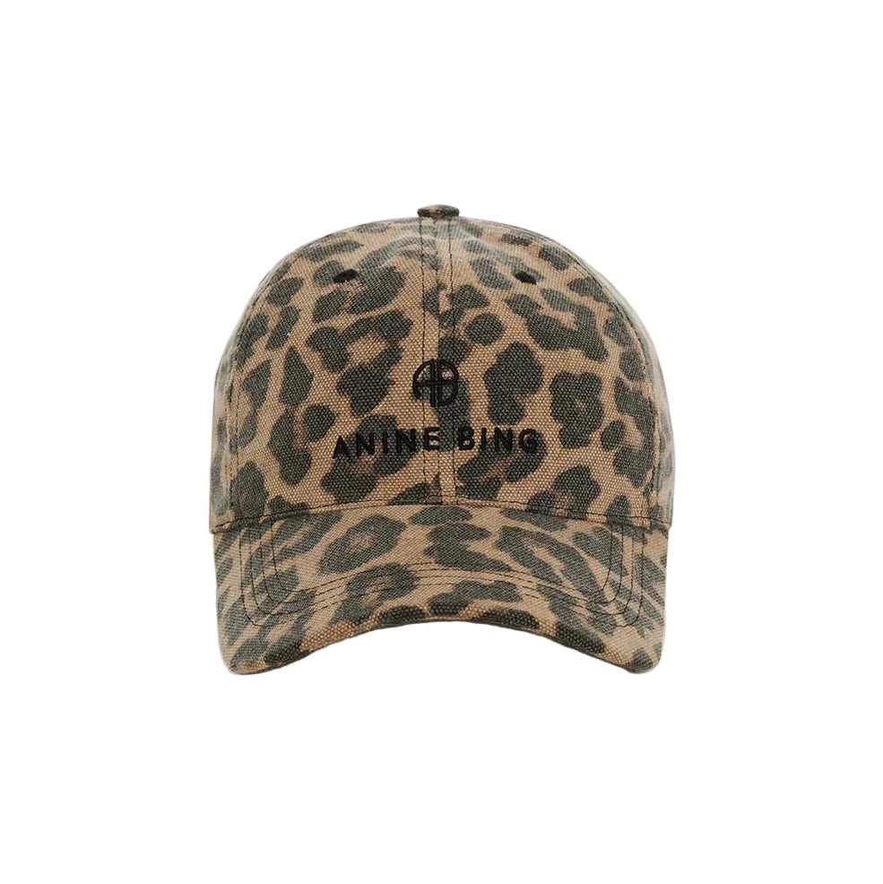A front view of the Anine Bing Jeremy Leopard Baseball Cap, showcasing its tan and brown leopard print design with black embroidered text and logo on the front panel, featuring an adjustable back strap for a perfect fit, displayed on a white background.