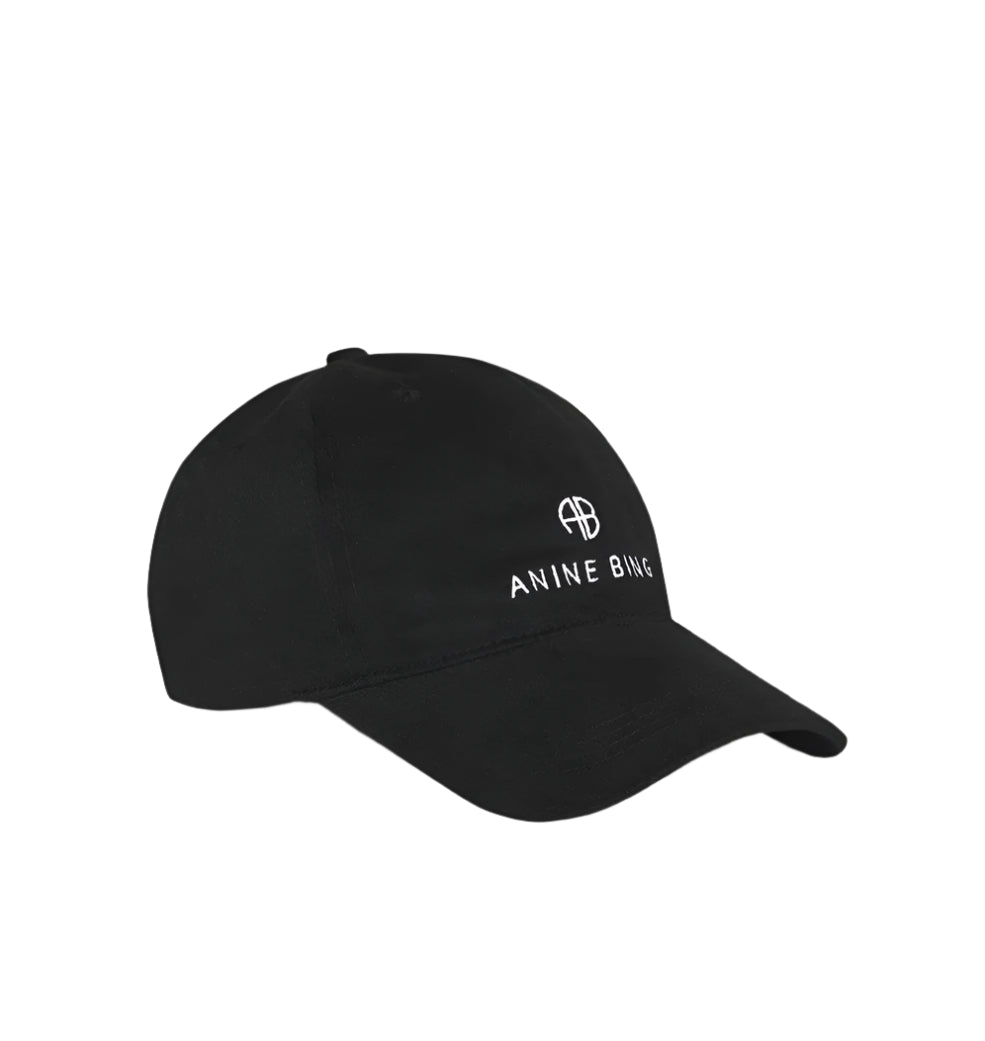 The Anine Bing Jeremy Baseball Cap is black with a curved brim, features a white embroidered "ANINE BING" logo, a small front detail, and an adjustable back strap for the perfect fit.