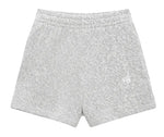 The Kam Short Framed Monogram by Anine Bing: gray marled terry knit shorts with an elastic waistband, shown flat on a light gray background—an effortless off-duty essential.