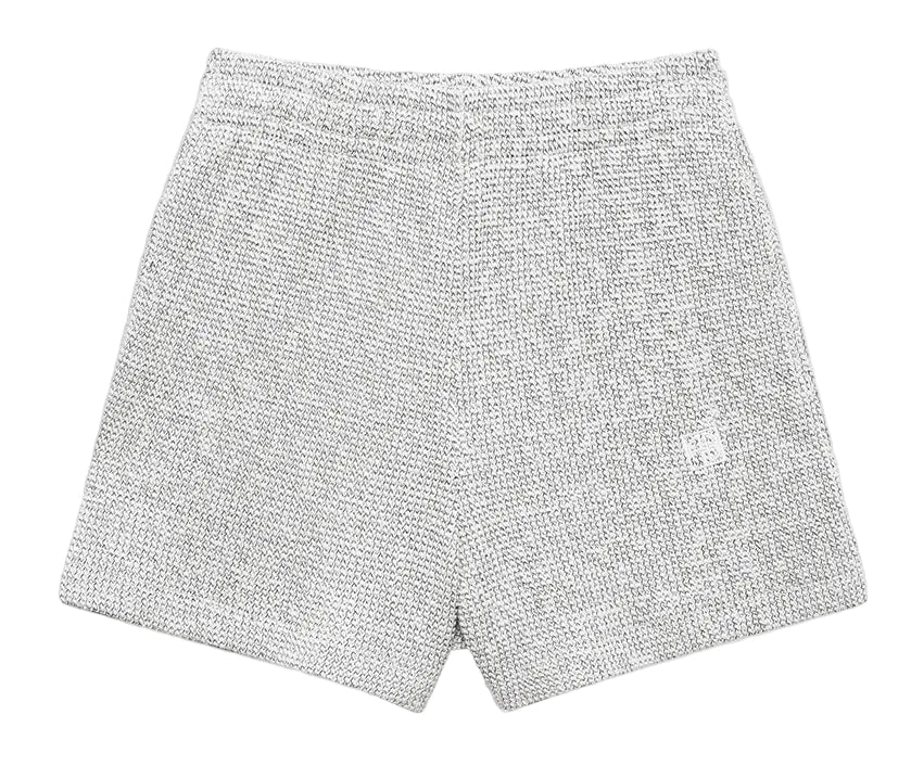 The Kam Short Framed Monogram by Anine Bing: gray marled terry knit shorts with an elastic waistband, shown flat on a light gray background—an effortless off-duty essential.