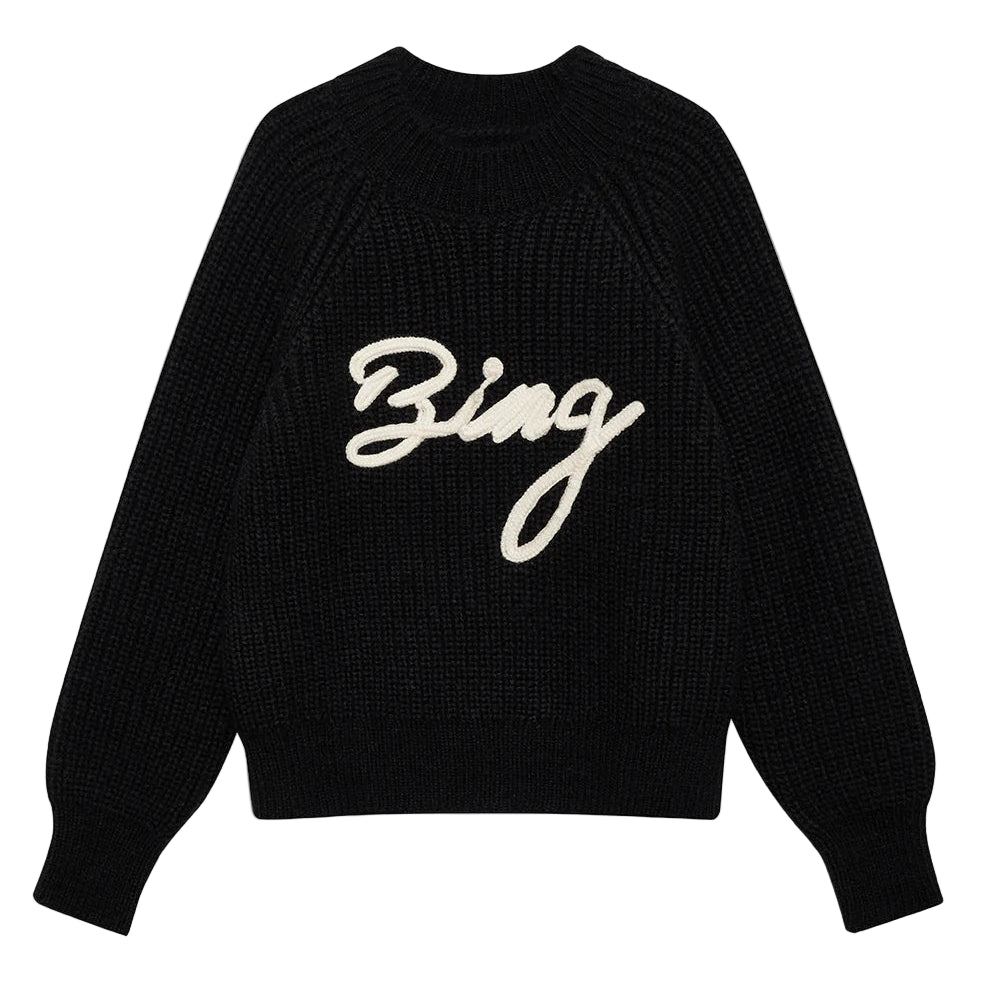 The Kendrick Sweater Bing by Anine Bing is a black alpaca-wool sweater with long sleeves and "Bing" in bold white script across the front, offering cozy style with signature AB branding.