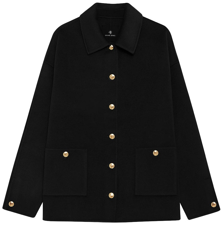 The Anine Bing Luca Cashmere Blend Jacket is a utility-inspired black piece with gold buttons, a pointed collar, long sleeves, and two front pockets, crafted from a soft wool-cashmere blend.