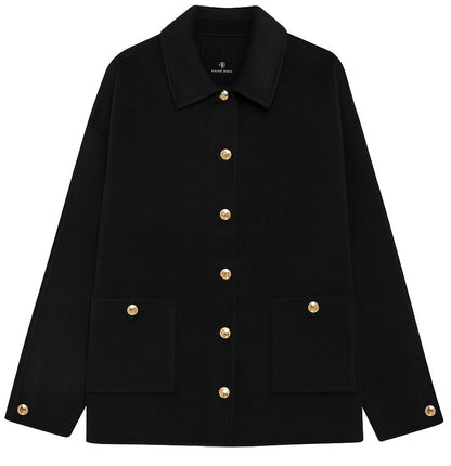 The Anine Bing Luca Cashmere Blend Jacket is a utility-inspired black piece with gold buttons, a pointed collar, long sleeves, and two front pockets, crafted from a soft wool-cashmere blend.