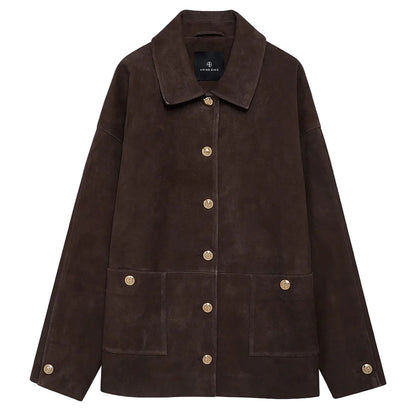 The Anine Bing Luca Suede Jacket is a brown suede piece featuring a collar, long sleeves, front button closure, and two front pockets.