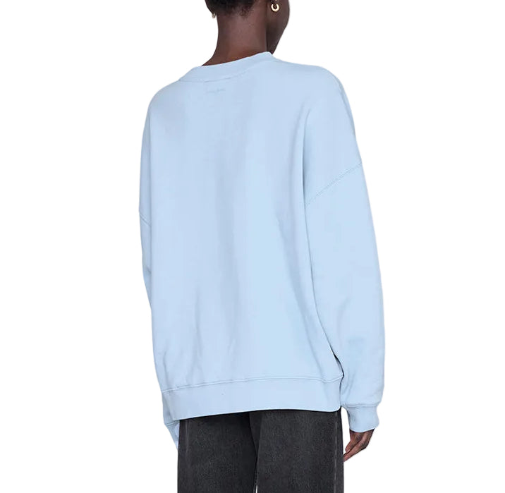 Model shown from the back against a white background, wearing the Anine Bing Miles Sweatshirt in pale blue with dark pants.