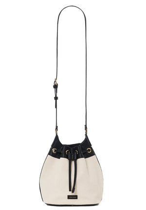 The Mini Alana Bucket Bag by Anine Bing features a cream and black design, drawstring closure, gold-tone hardware, adjustable shoulder strap, and a small rectangular front label.