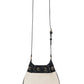 The Mini Alana Bucket Bag by Anine Bing features cream canvas, a black leather top, gold-tone hardware, and a long adjustable strap for crossbody wear.