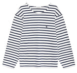 The Newton Tee by Anine Bing is a navy striped long sleeve shirt with a boat neckline, small embroidered emblem on the left chest, and a relaxed fit.