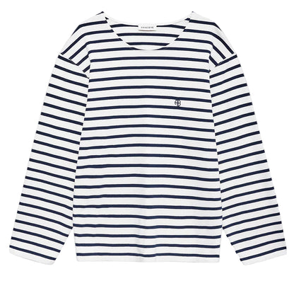 The Newton Tee by Anine Bing is a navy striped long sleeve shirt with a boat neckline, small embroidered emblem on the left chest, and a relaxed fit.