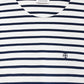 The Newton Tee by Anine Bing is a navy striped long sleeve shirt with a relaxed fit, featuring an "AB" embroidered logo on the chest and an "ANINE BING" label at the boat neckline.