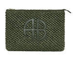 The Rio Woven Pouch by Anine Bing is an olive green seagrass bag featuring a zipper and embossed "AB" initials on the front.