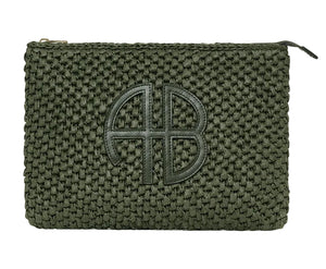 The Rio Woven Pouch by Anine Bing is an olive green seagrass bag featuring a zipper and embossed "AB" initials on the front.