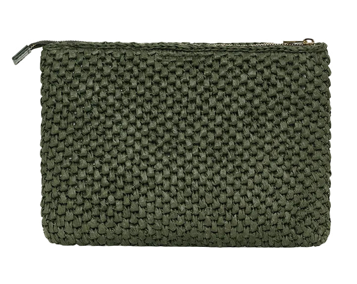The Rio Woven Pouch by Anine Bing is a rectangular olive green seagrass bag featuring a top zipper closure, reflecting the brand's chic style.