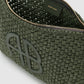 A close-up of the olive green Rio Woven Pouch by Anine Bing, open to reveal a zipper and "ANINE BING" label inside. The exterior features a raised logo design.