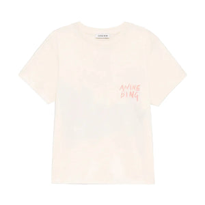 The Shelley Surfer Tee by Anine Bing is a vintage-inspired white short-sleeve shirt with "ANINE BING" in light pink on the upper left chest, made from soft cotton jersey for everyday comfort.