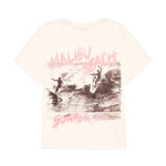 The Shelley Surfer Tee by Anine Bing is a vintage-inspired beige cotton jersey, featuring two surfers and pink "Malibu Beach" and "Summer 2.0" graphics for relaxed style.