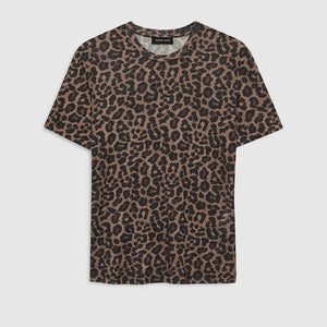 The Sylvie Tee by Anine Bing is a short-sleeve crewneck top featuring an all-over brown and black leopard print, crafted from super soft fabric and shown against a plain white background.