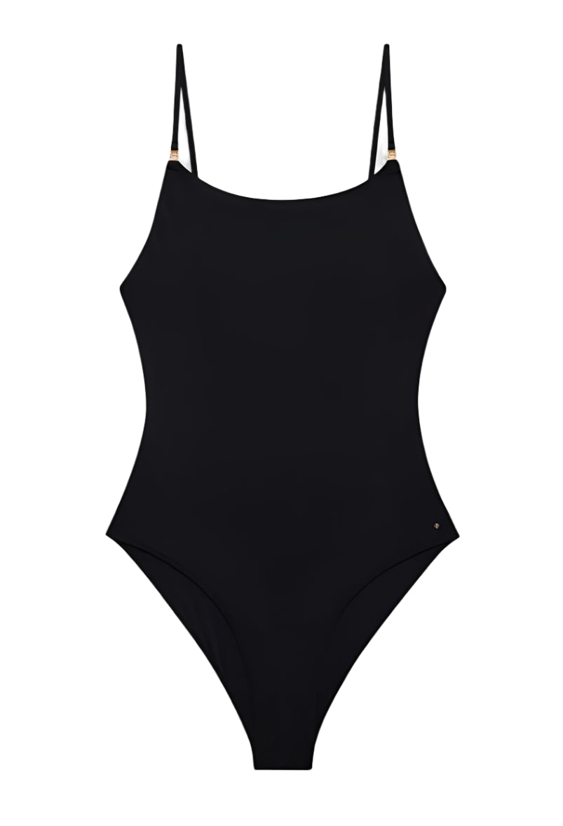 The Anine Bing Vesta One Piece is a black minimalist swimsuit with adjustable shoulder straps and a high-cut leg, shown on a white background.
