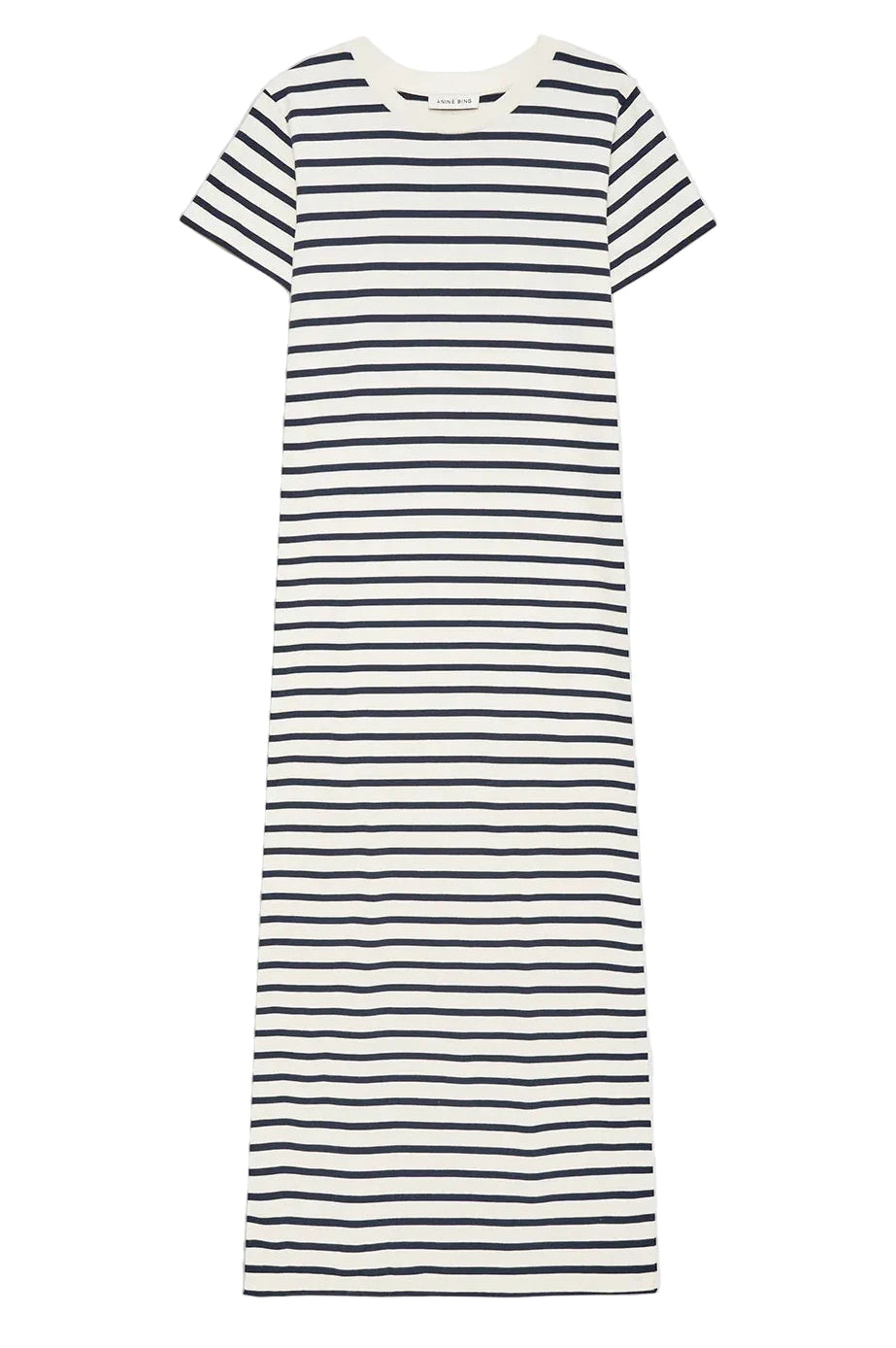 The Anine Bing Wynne Stripe Dress is a short-sleeve jersey maxi with horizontal navy and white stripes, shown flat on a white background—ideal for casual, everyday wear.
