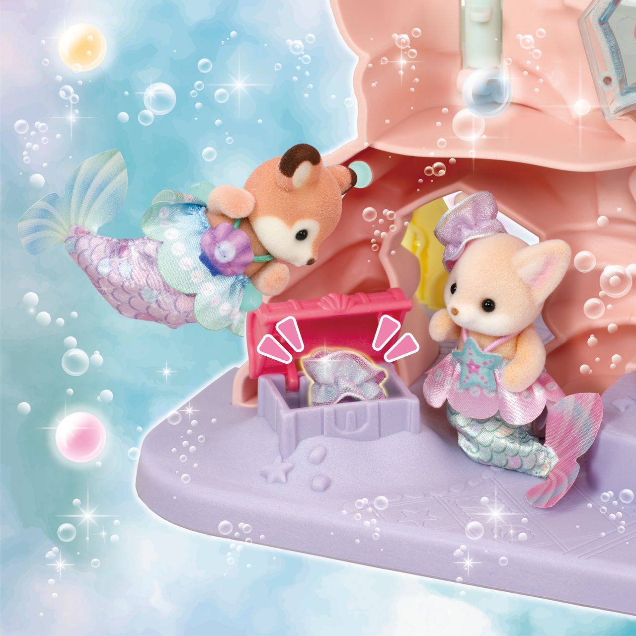Two Calico Critters baby animal mermaids—a deer and a cat—explore the wonders of the sea inside the Baby Mermaid Castle, gathering near a pink treasure chest filled with a shiny surprise, all surrounded by bubbles and pastel colors like a magical underwater amusement park.