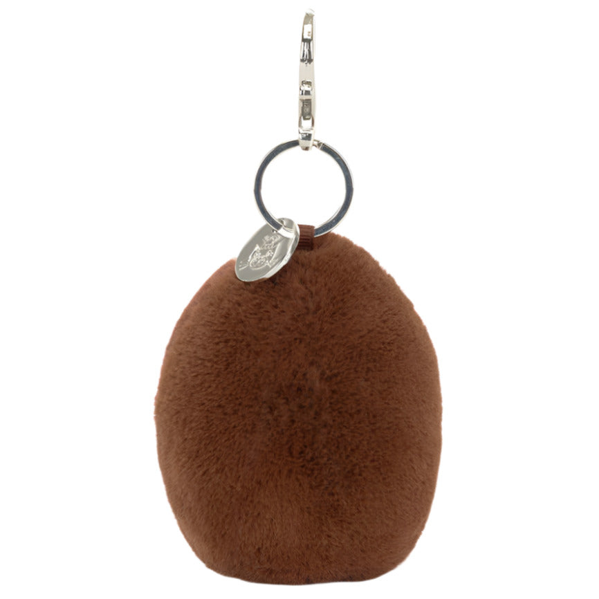 The Jellycat Amuseables Coffee Bean Bag Charm is a brown, oval plush keychain with a silver keyring, clasp, and metal tag—an adorable coffee-themed accessory for bags or keys, perfect for coffee lovers.