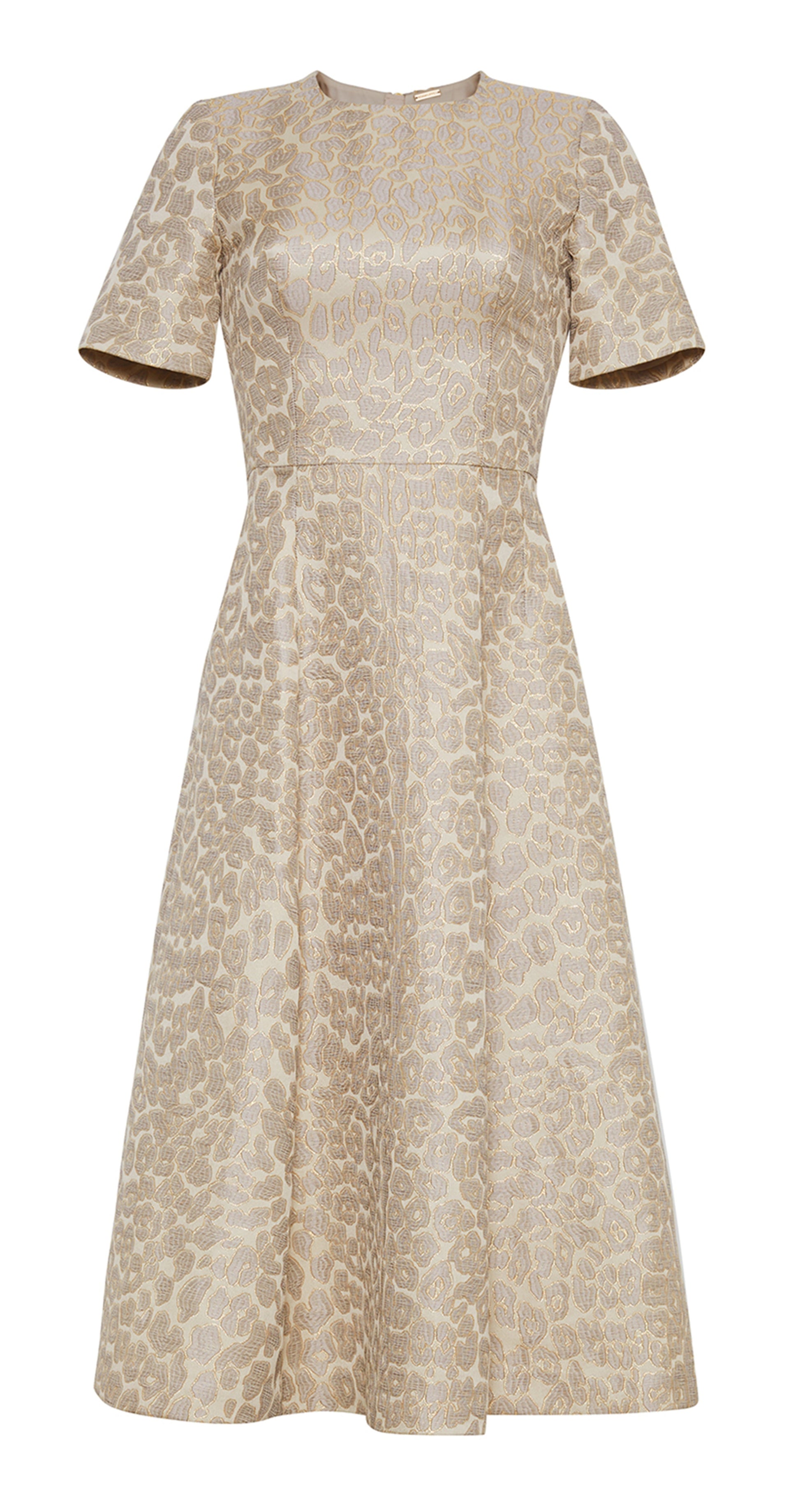 The Adam Lippes Eloise Dress features a knee-length, short-sleeved design crafted in luxurious Italian Jacquard with a stunning gold and beige leopard print.