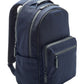 The Peter Millar Pursuit Backpack in navy features a dedicated laptop pocket, multiple zippered compartments, padded shoulder straps, and a side pocket, shown against a white background.