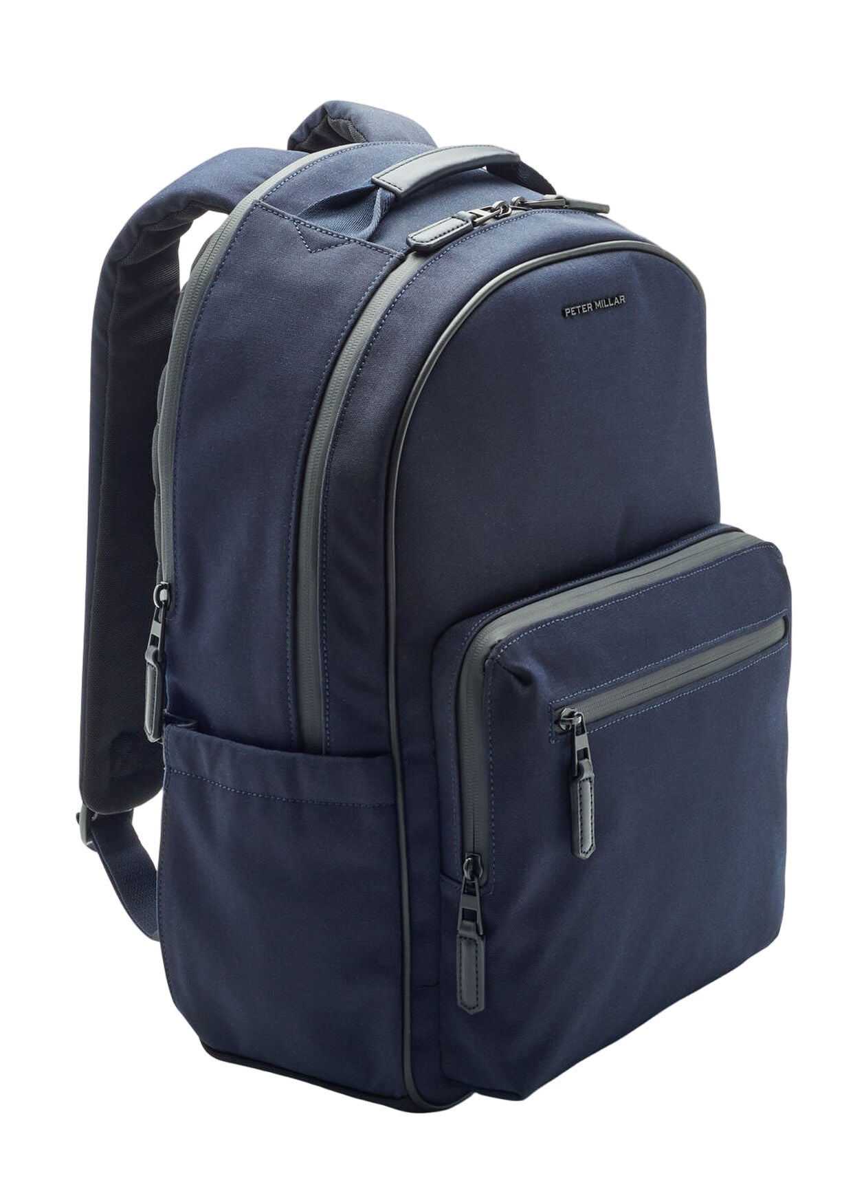 The Peter Millar Pursuit Backpack in navy features a dedicated laptop pocket, multiple zippered compartments, padded shoulder straps, and a side pocket, shown against a white background.