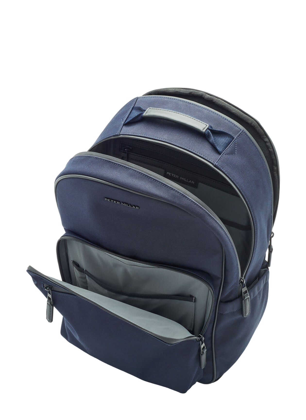 The Peter Millar Pursuit Backpack is a navy travel bag featuring multiple open compartments, a dedicated laptop pocket, organized interior sections, and ample storage space.