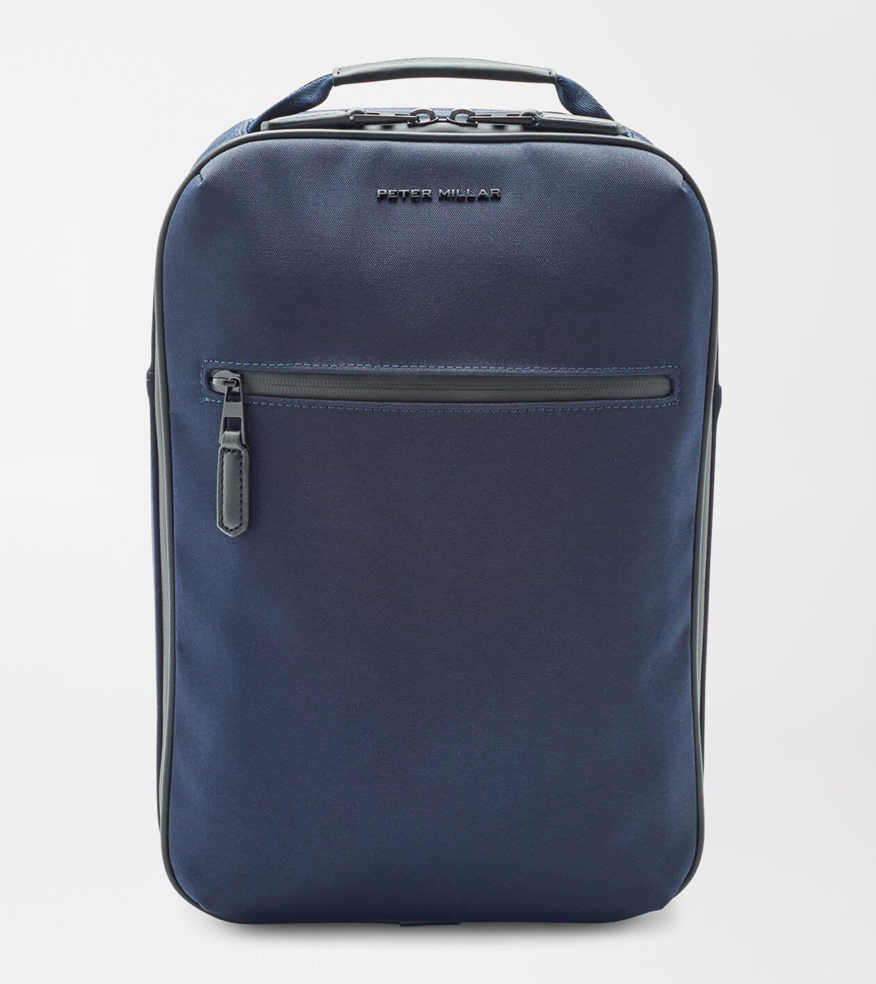 The Peter Millar Pursuit Shoe Bag is a navy blue rectangular bag with a top handle, genuine leather trim, front zip pocket, and "Peter Millar" branding—ideal for stylishly storing daily essentials.