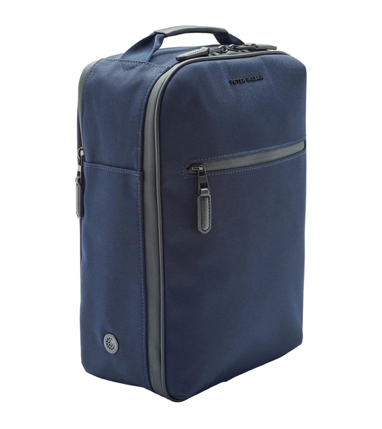 A navy blue rectangular Peter Millar Pursuit Shoe Bag with a top handle, genuine leather trim, front zipper pocket, side vent, and two side zippers is shown standing upright on a white background.