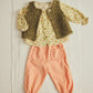A baby outfit featuring a patterned long-sleeve top, a textured green vest, and Cozmo Baby Girls’ Agen Corduroy Pants in peach with ruffled pockets, laid flat on a white background.