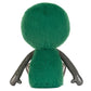 A round, galactic green plush toy with metallic black arms is seen from the back—could this be the Jellycat Zyllan Alien in disguise?.