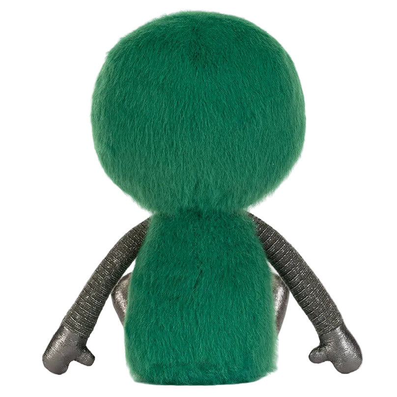 A round, galactic green plush toy with metallic black arms is seen from the back—could this be the Jellycat Zyllan Alien in disguise?.