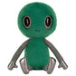 The Jellycat Zyllan Alien plush toy features galactic green fuzz, large black eyes, a small smile, and metallic silver arms and legs while sitting facing forward.