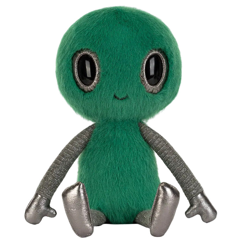 The Jellycat Zyllan Alien plush toy features galactic green fuzz, large black eyes, a small smile, and metallic silver arms and legs while sitting facing forward.