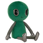 The Jellycat Zyllan Alien plush toy features galactic green fuzz, large black eyes, and shiny silver limbs, sitting upright against a white background—perfect for adding cosmic charm to your collection.