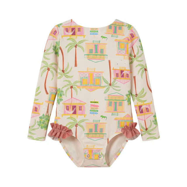 The Pepita & Me Baby Girls' and Girls' Alana Longsleeve Rashguard features pastel house and palm tree prints, pink hip ruffles, and UPF50+ sun protection.