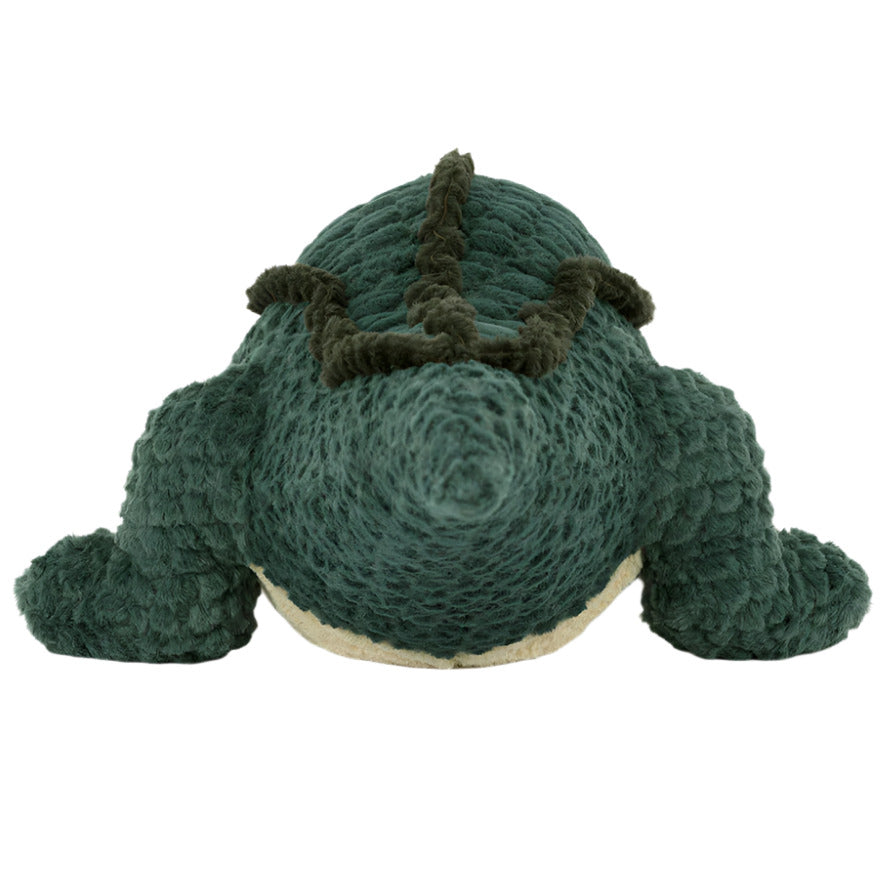 Jellycat Allexi Alligator plush toy, featuring shades of green, shown from the back on a white background.