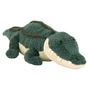 Allexi Alligator by Jellycat is a plush toy featuring textured green fabric, a cream underside, and stitched eyes—ideal for fans of Gator’s Gap diner or vegan Southern food lovers.