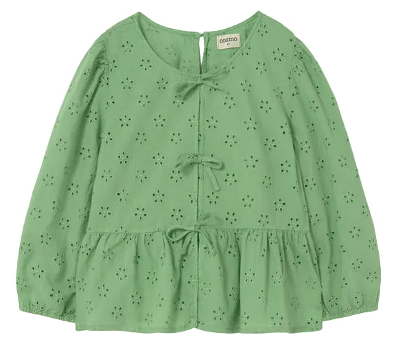 The Cozmo Girls' Alma Eyelet Blouse features a light green hue, long sleeves with delicate Swiss embroidery and eyelet details, three front bows, a round neckline, softly puffed sleeves, and a peplum hem.