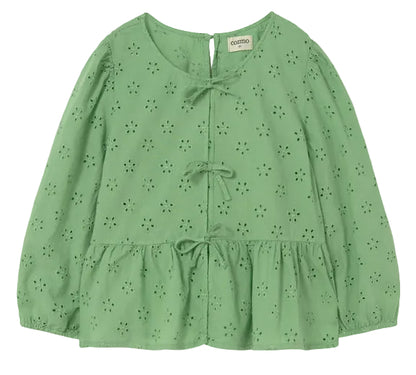 The Cozmo Girls' Alma Eyelet Blouse features a light green hue, long sleeves with delicate Swiss embroidery and eyelet details, three front bows, a round neckline, softly puffed sleeves, and a peplum hem.
