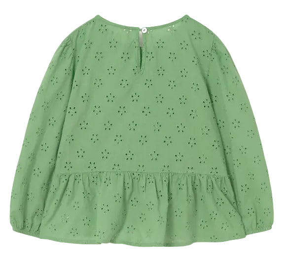 The Cozmo Girls' Alma Eyelet Blouse features a green color, long sleeves with puffed shoulders, an eyelet floral pattern, round neckline, back button closure, and a gathered peplum hem.
