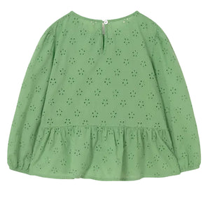 The Cozmo Girls' Alma Eyelet Blouse features a green color, long sleeves with puffed shoulders, an eyelet floral pattern, round neckline, back button closure, and a gathered peplum hem.