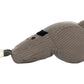 The Jellycat Amuseables Sports Walston Whistle is a gray fabric mouse toy, featuring a bandaged paw, a blue-and-white striped tail, and black stitched details—shown in side view as a delightful addition to the collection.